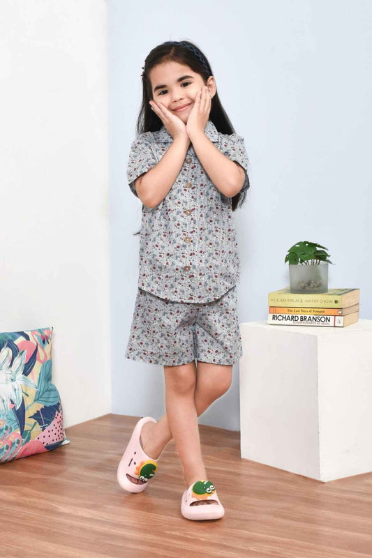 Soft & Stylish Grey Floral Printed Night Suit Set for Girls