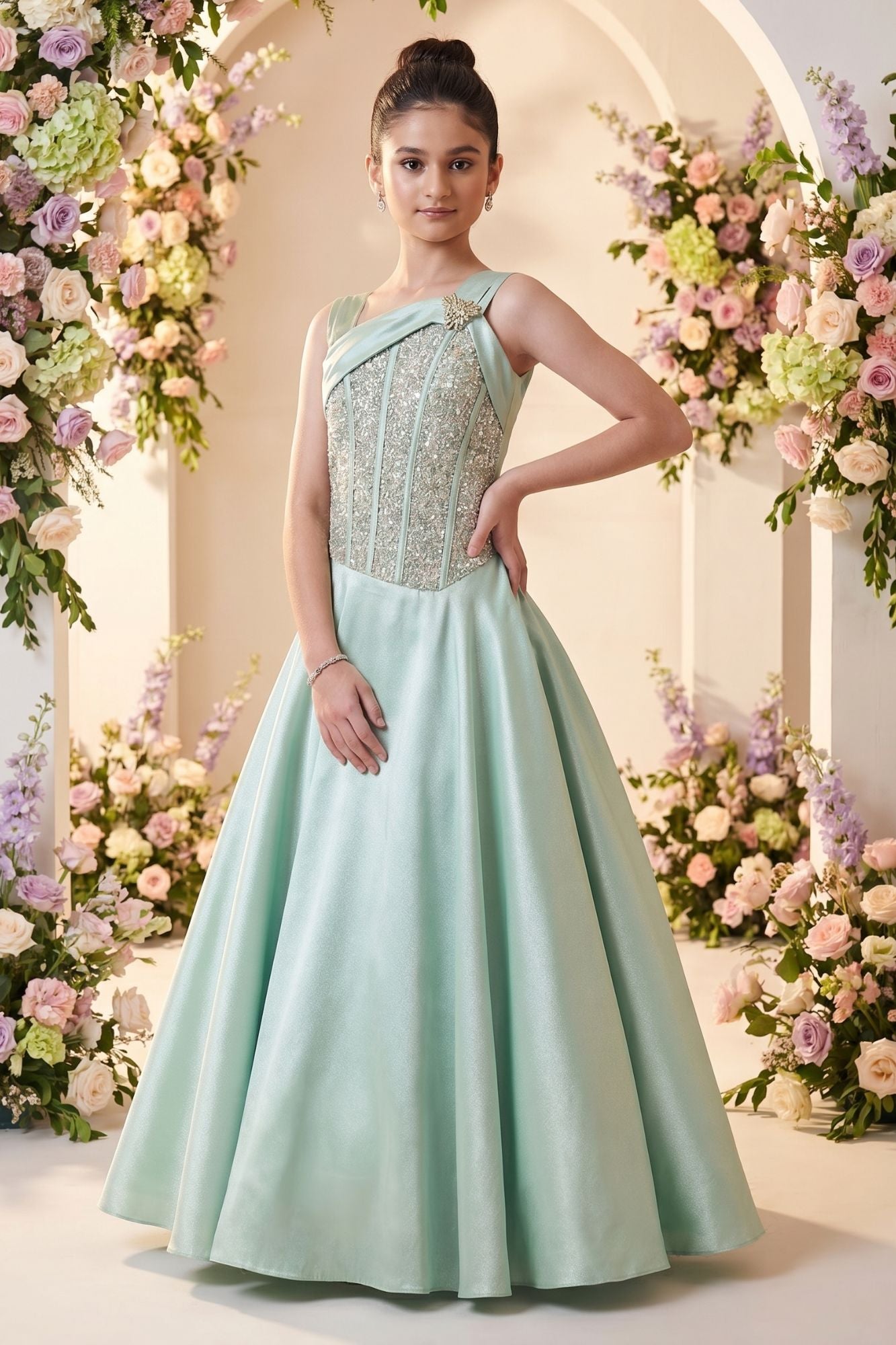 Sky Blue Sequin Embellished Gown For Girls