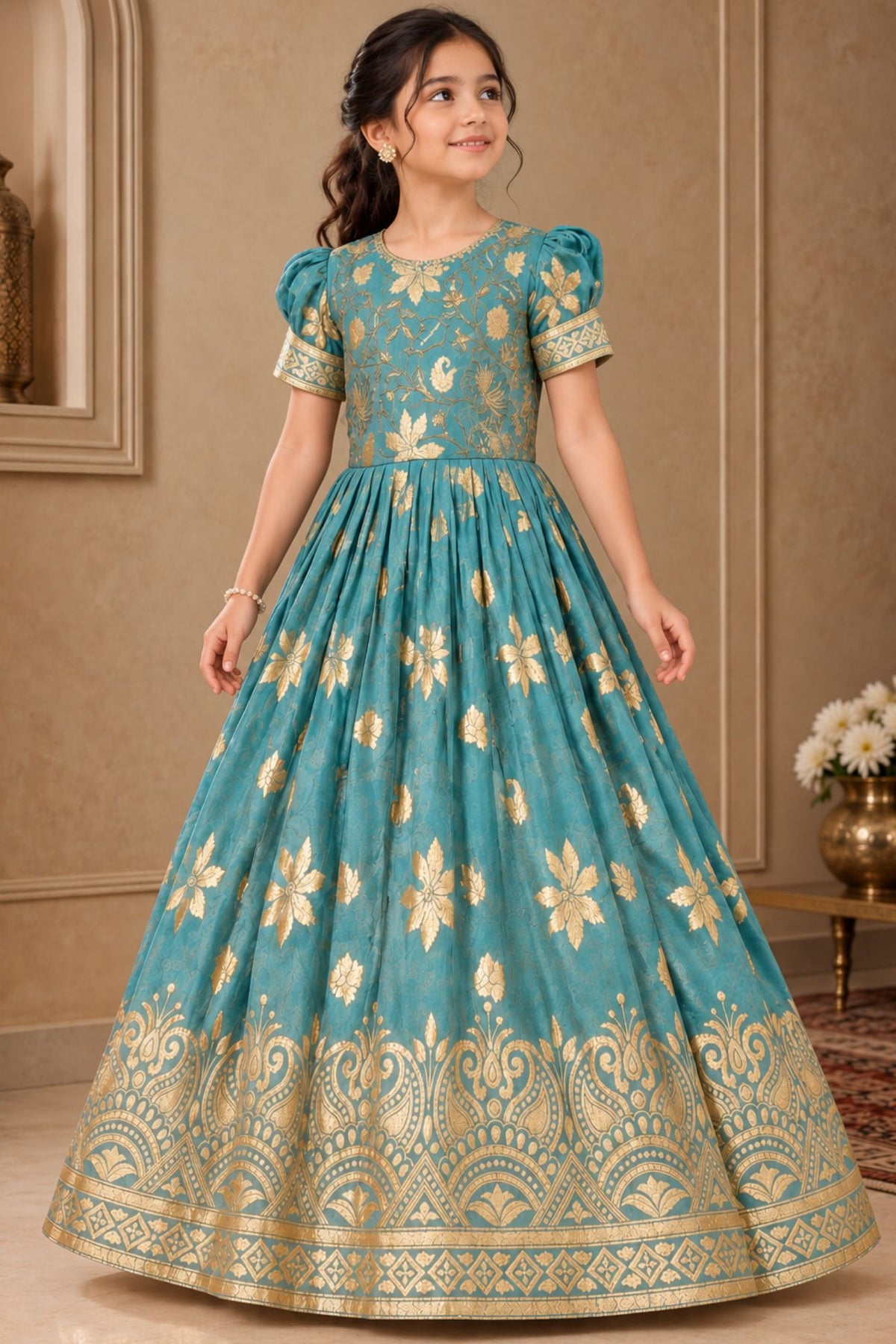 Blue Floral Brocade Ethnic Gown For Girls