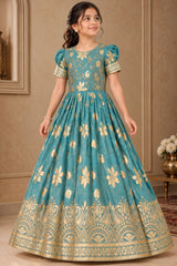 Blue Floral Brocade Ethnic Gown For Girls