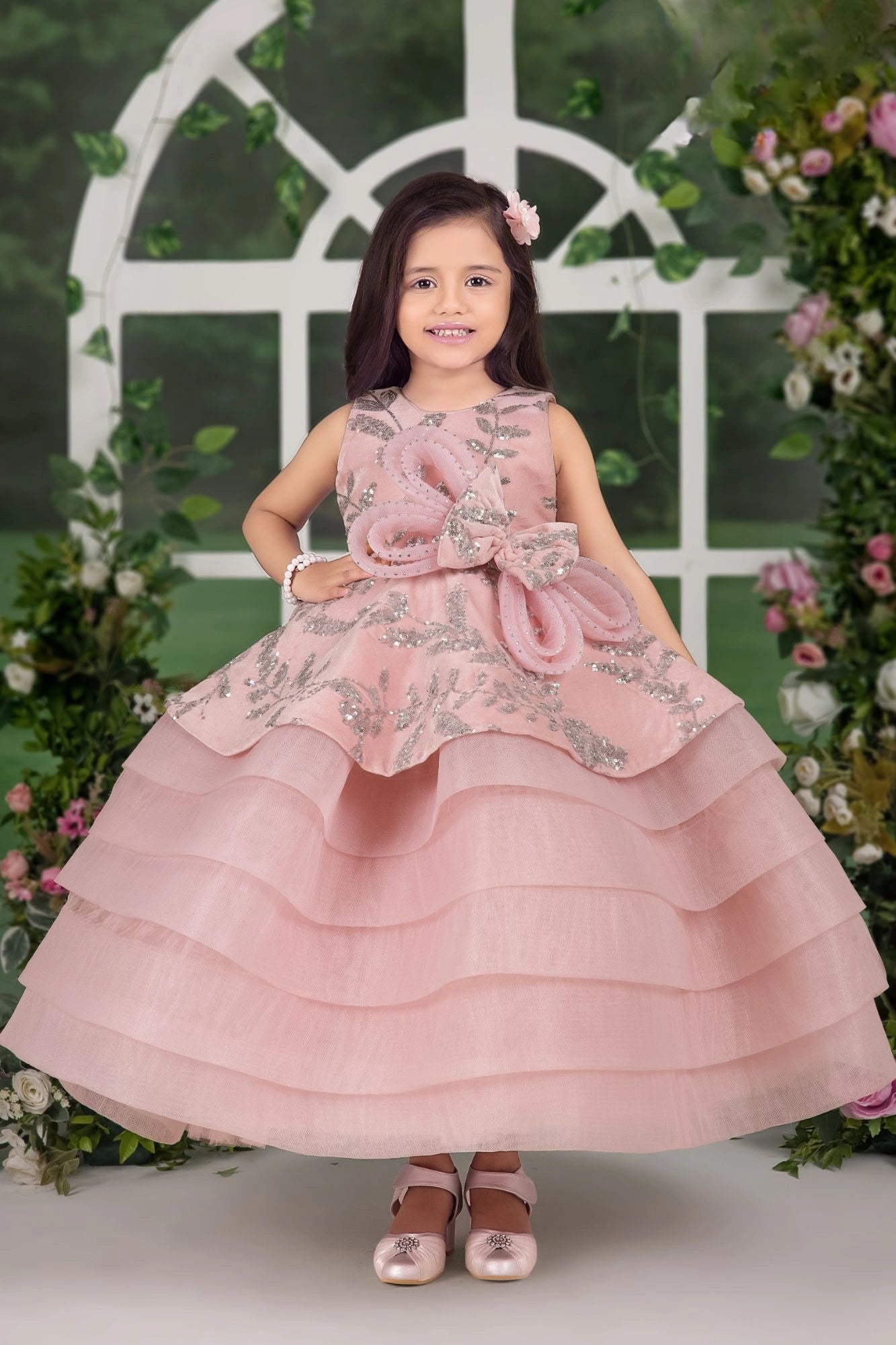 Pink Layered Party Gown with 3D Floral Bow For Girls