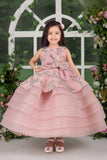 Pink Layered Party Gown with 3D Floral Bow For Girls