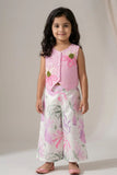 Girls Pink Floral Applique Set with Sleeveless Top And Printed Wide-Leg Pants
