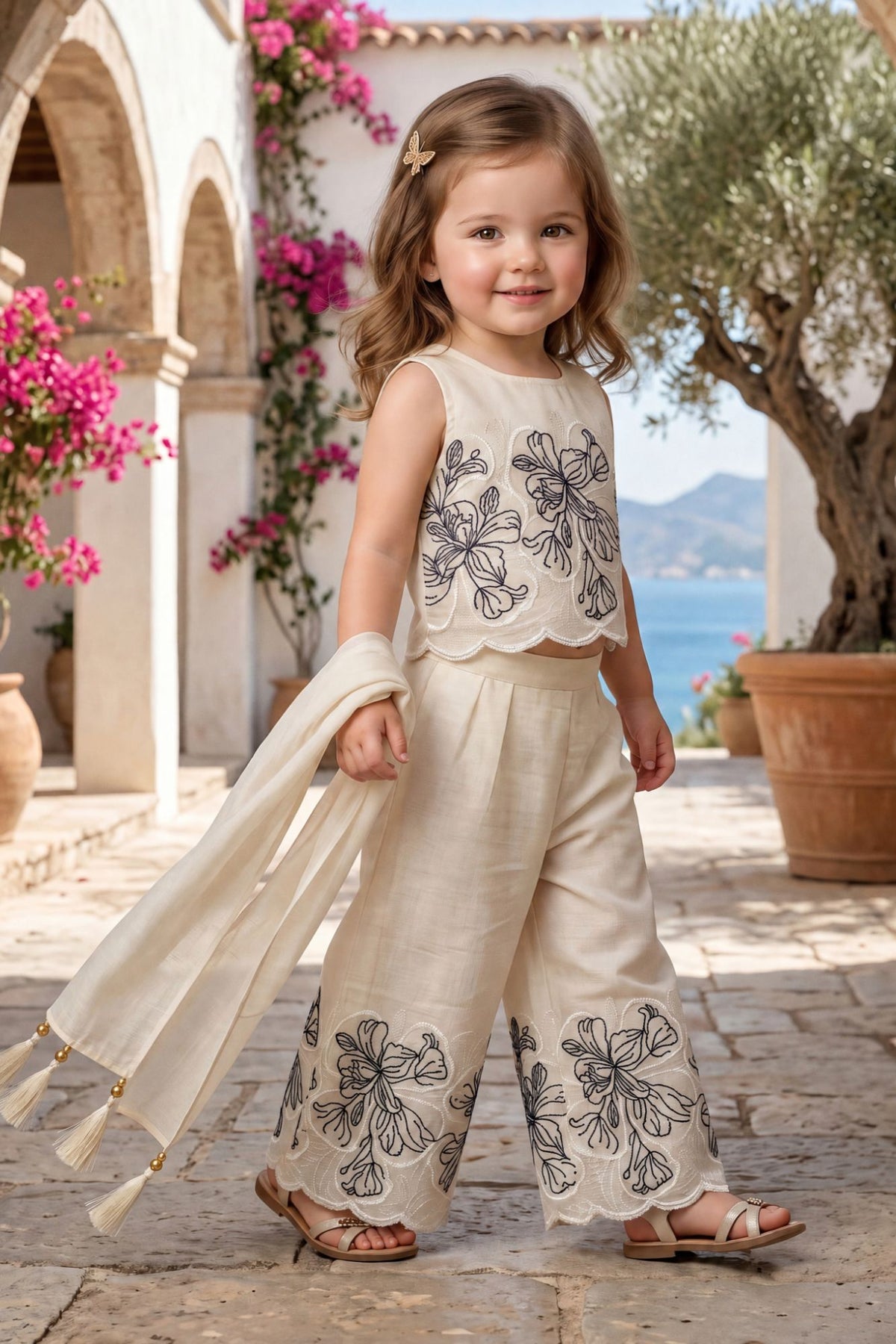 Girls Cream Floral Embroidered Sleeveless Crop Top Palazzo Set with Dupatta