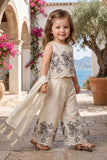 Girls Cream Floral Embroidered Sleeveless Crop Top Palazzo Set with Dupatta