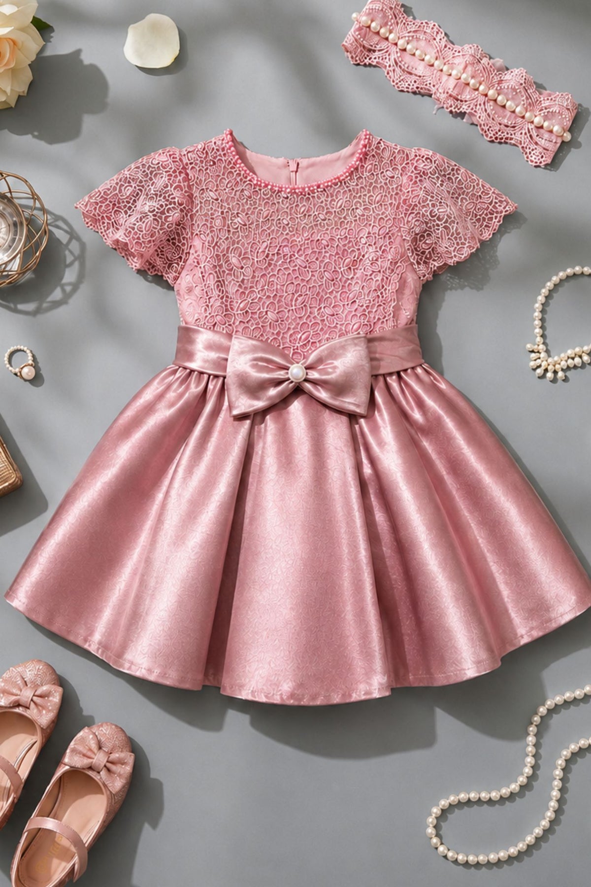 Dusty Pink Satin Party Frock with Floral Lace Bodice