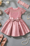 Dusty Pink Satin Party Frock with Floral Lace Bodice