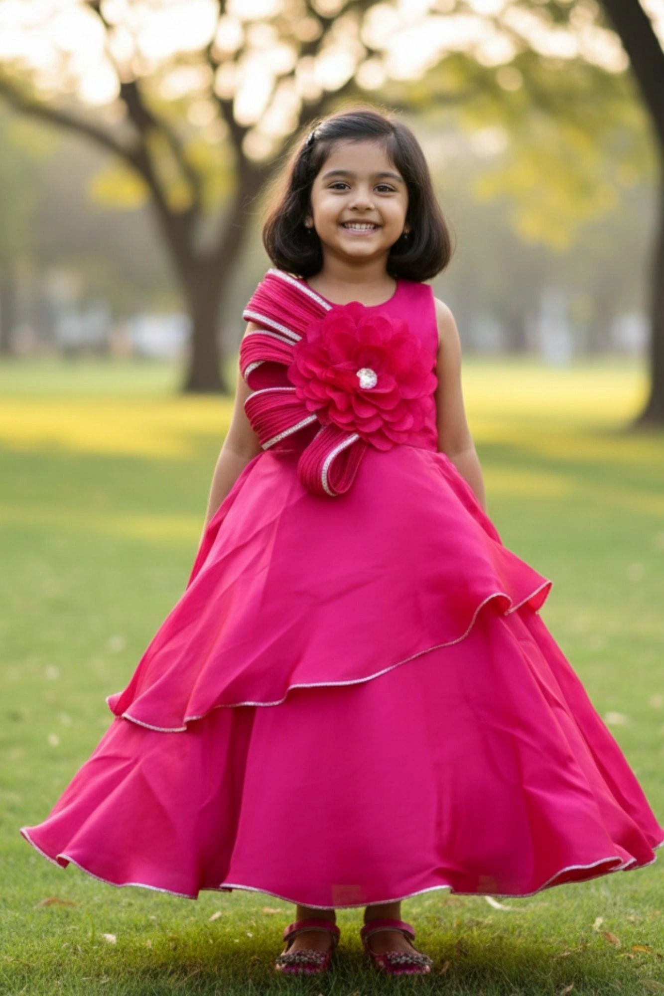 Cherry Red Layered Party Gown with Oversized Floral Appliqué For Girls