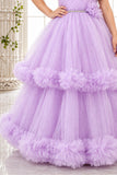 Lavender Layered Net Party Gown with Floral Ruffle Hem For Girls