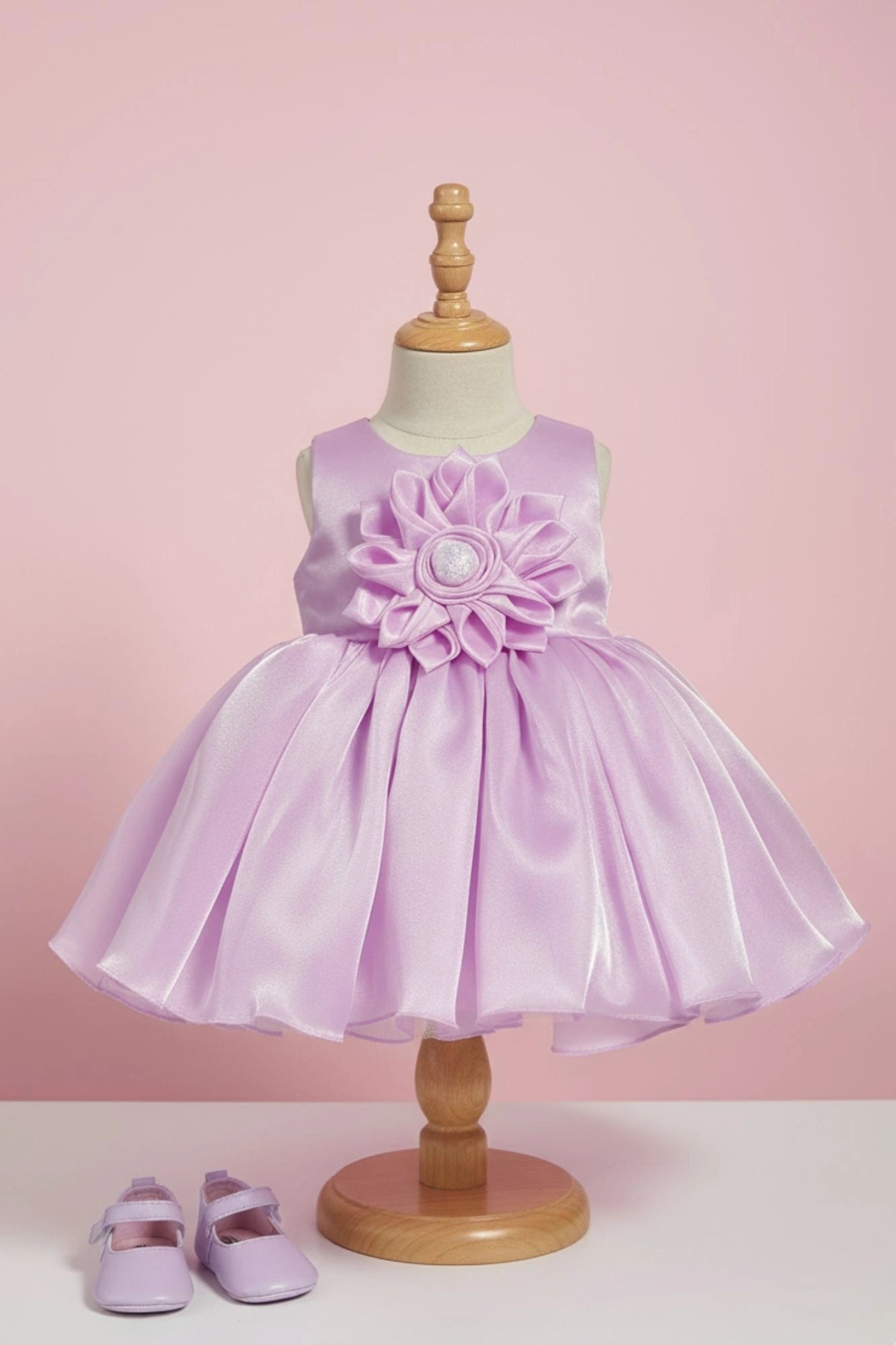 Lavender Organza Party Wear Dress with 3D Flower Appliqué For Girls