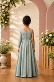 Girls Sage Green One Shoulder Embellished Gown with Floral Applique