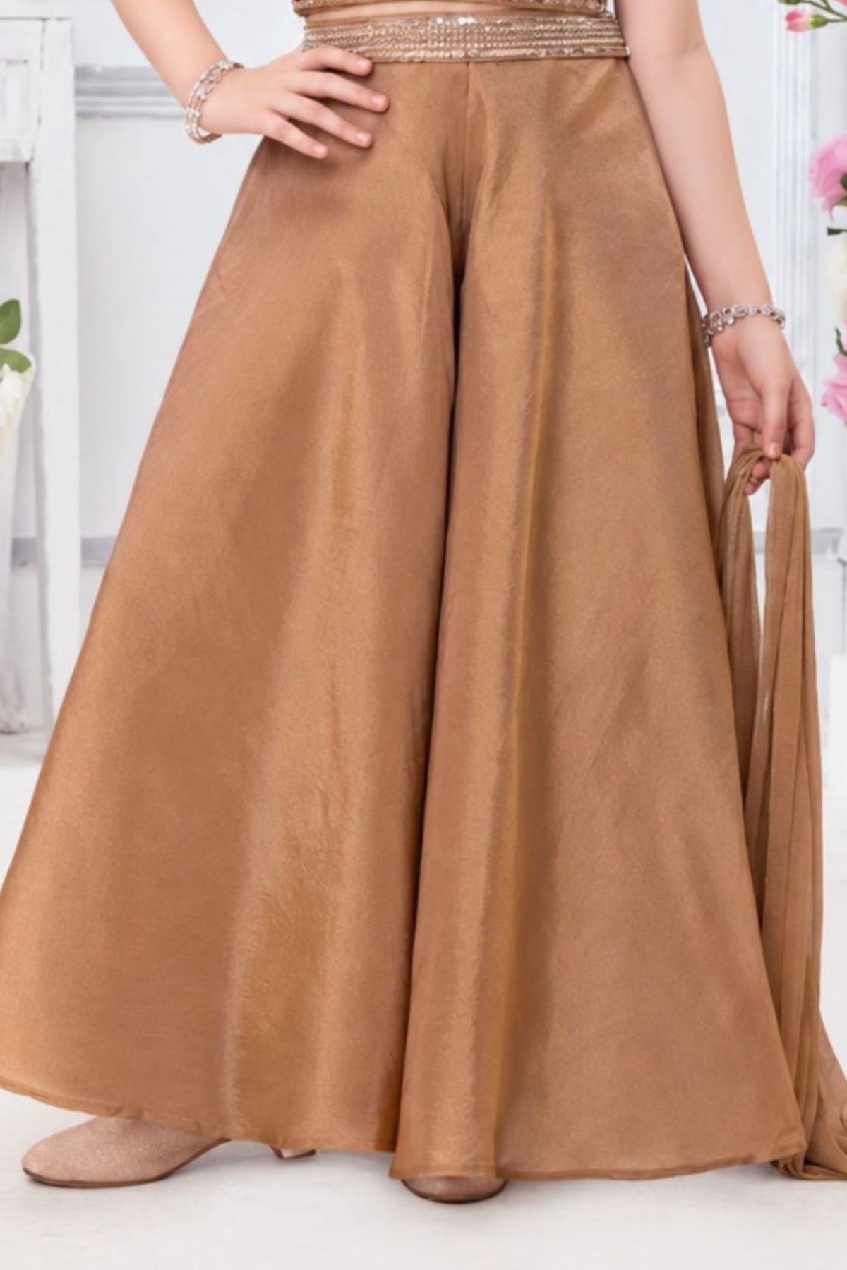 Girls Elegant Champagne Gold Sequin And Stone Embellished Palazzo Set