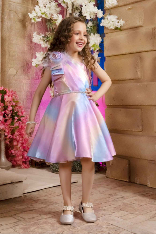 Multicolor Frock Embellished With Floral And Stone Waist Band For Girls