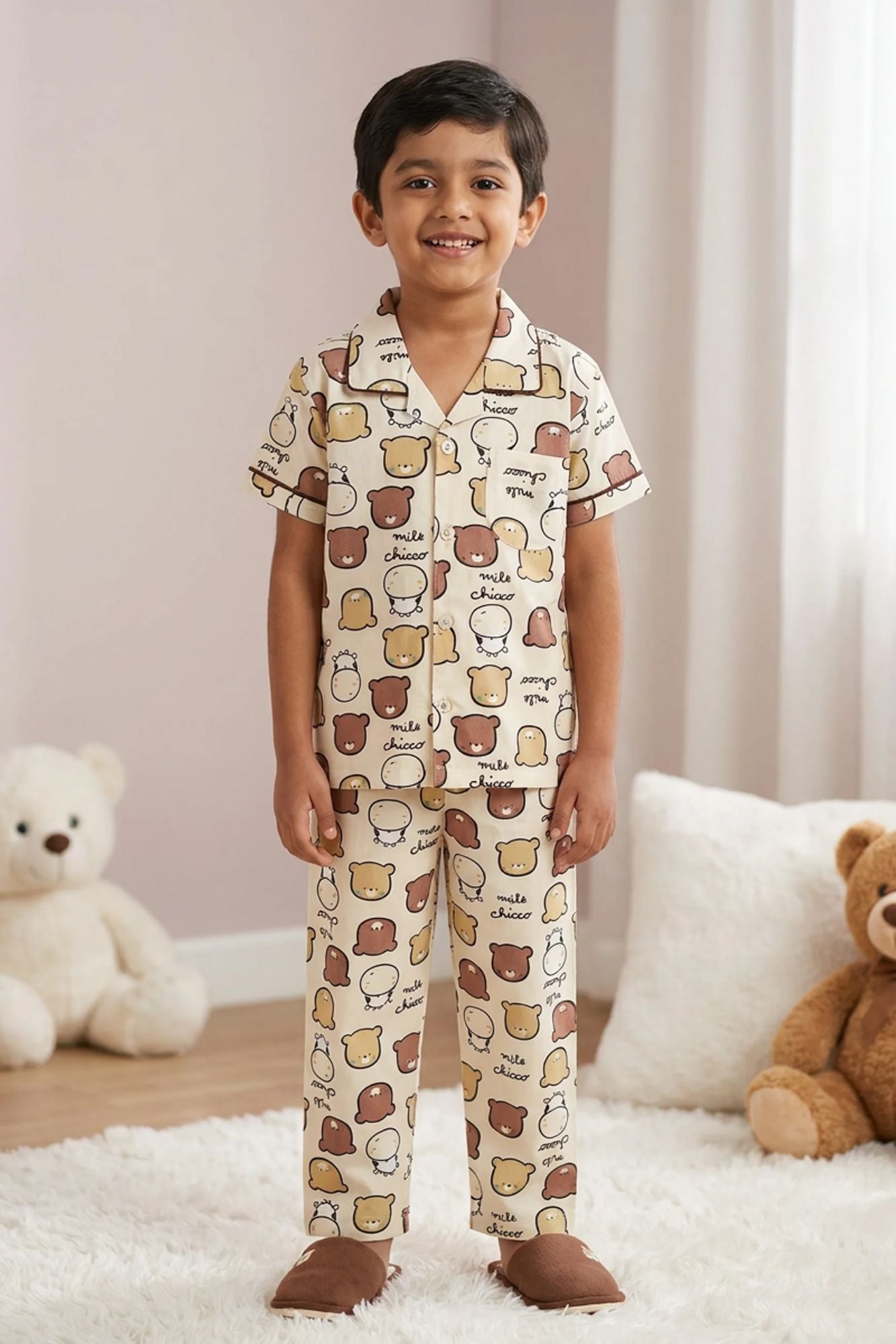 Boys Beige Cartoon Bear Print Night Suit Set
