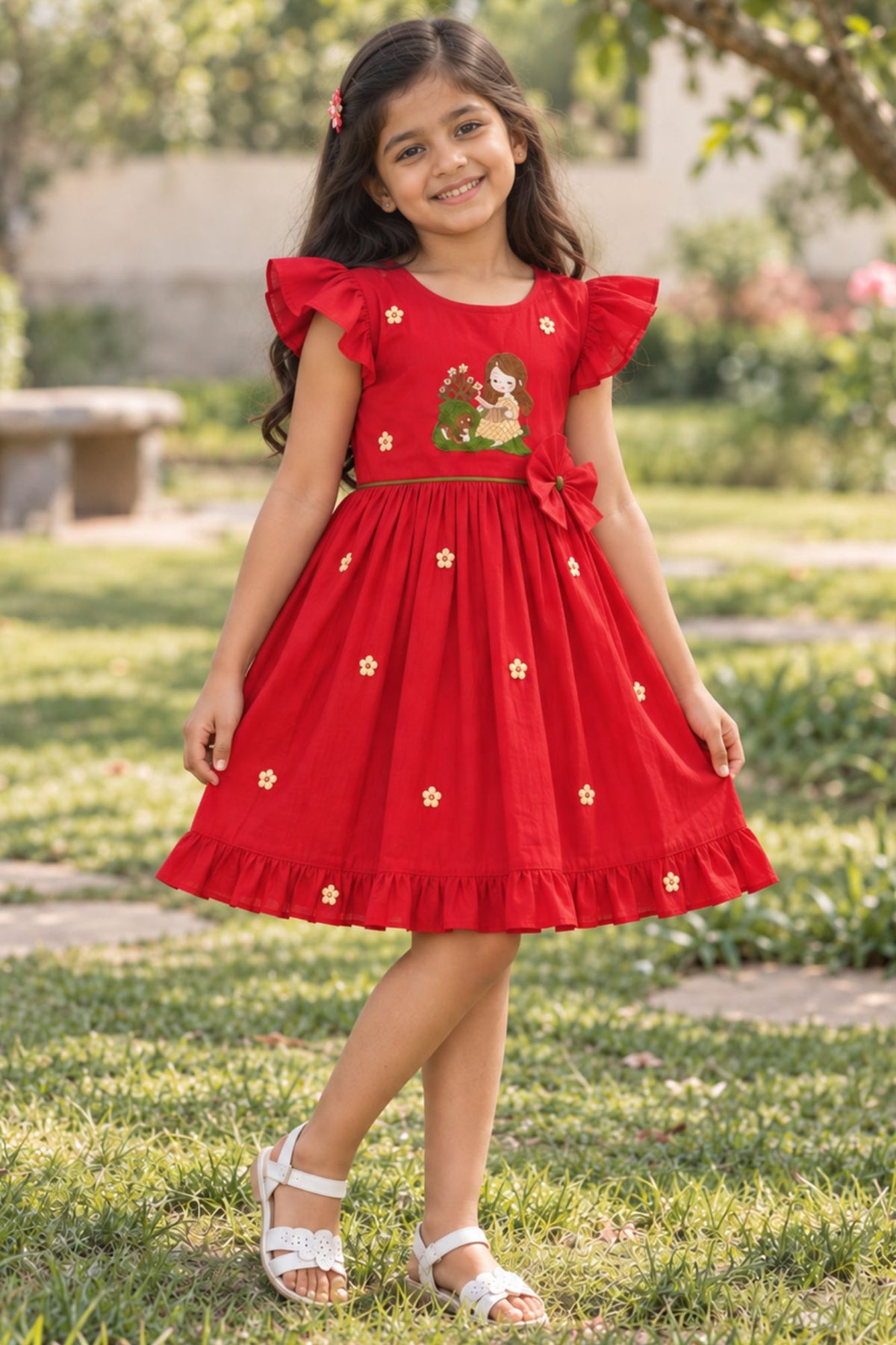 Girls Red Floral Embroidered Ruffle Sleeve Flared Dress