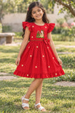 Girls Red Floral Embroidered Ruffle Sleeve Flared Dress
