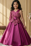 Magenta Floral Embellished Party Gown For Girls
