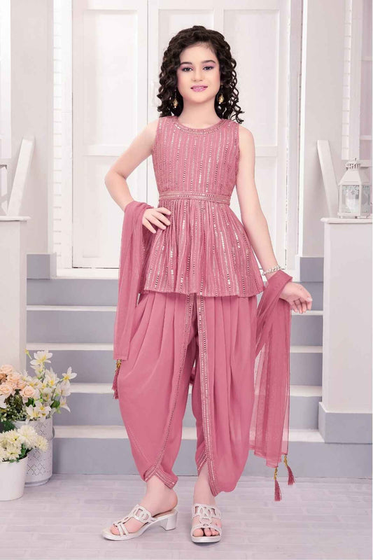 Onion Pink Sequined And Mirror Work Dhoti Set For Girls