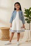 Casual Cream Dress & Teal Striped Jacket for Girls