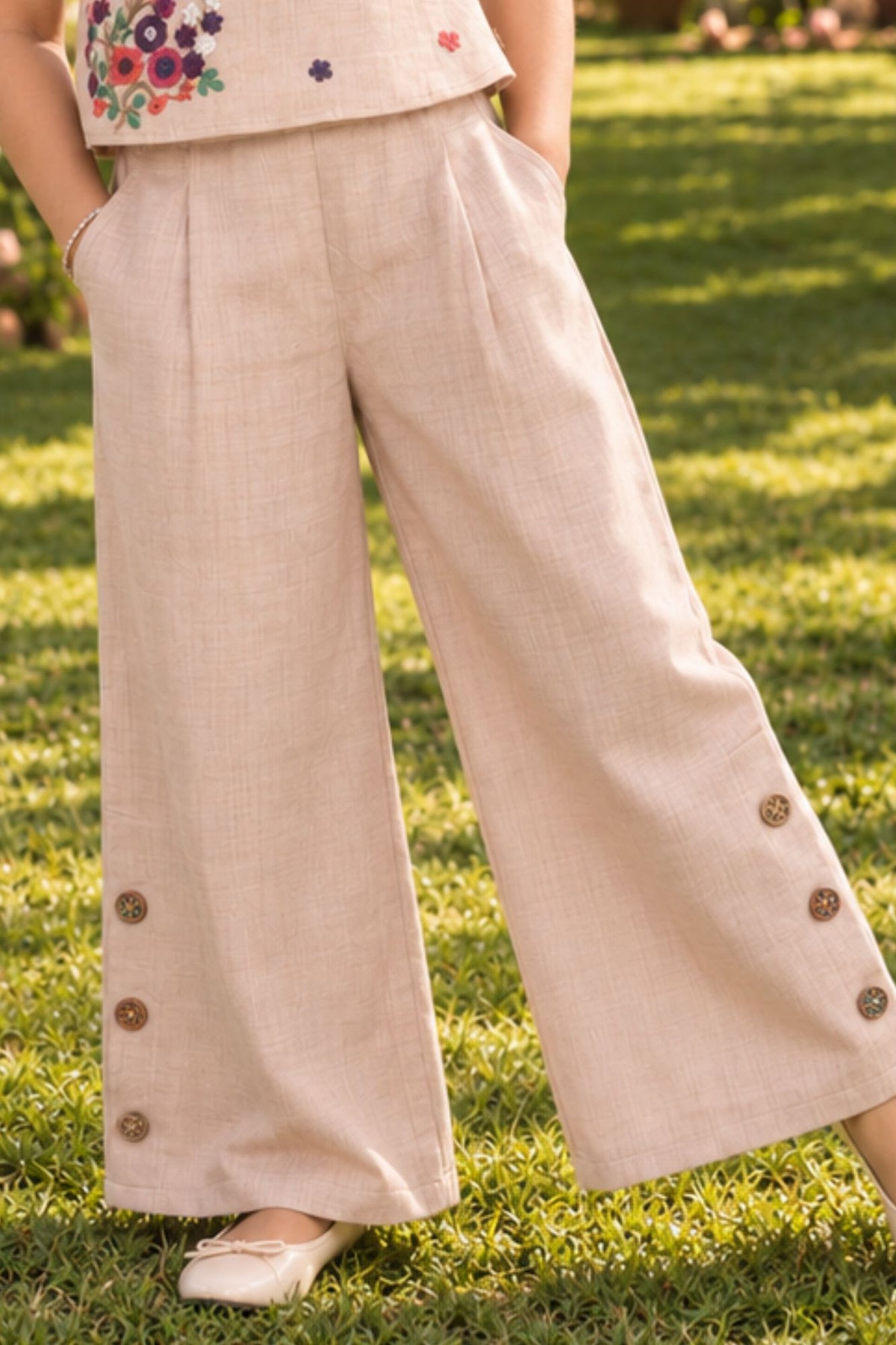 Girls Beige Floral Embroidered Co-ordSet