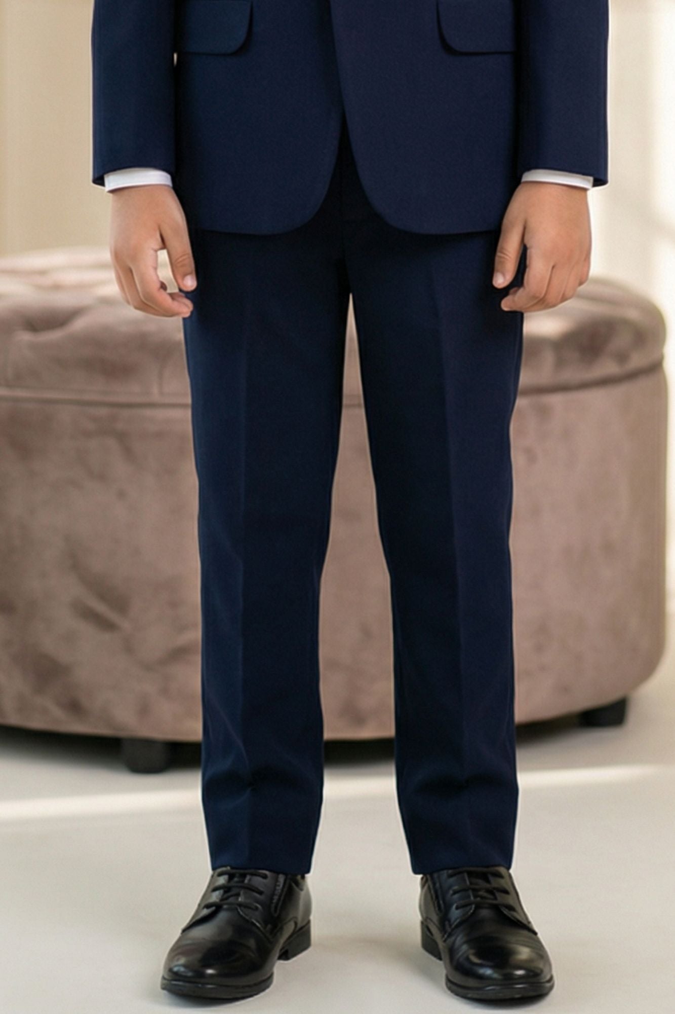 Navy Blue Embroidered 5-Piece Suit Set With Brooch For Boys