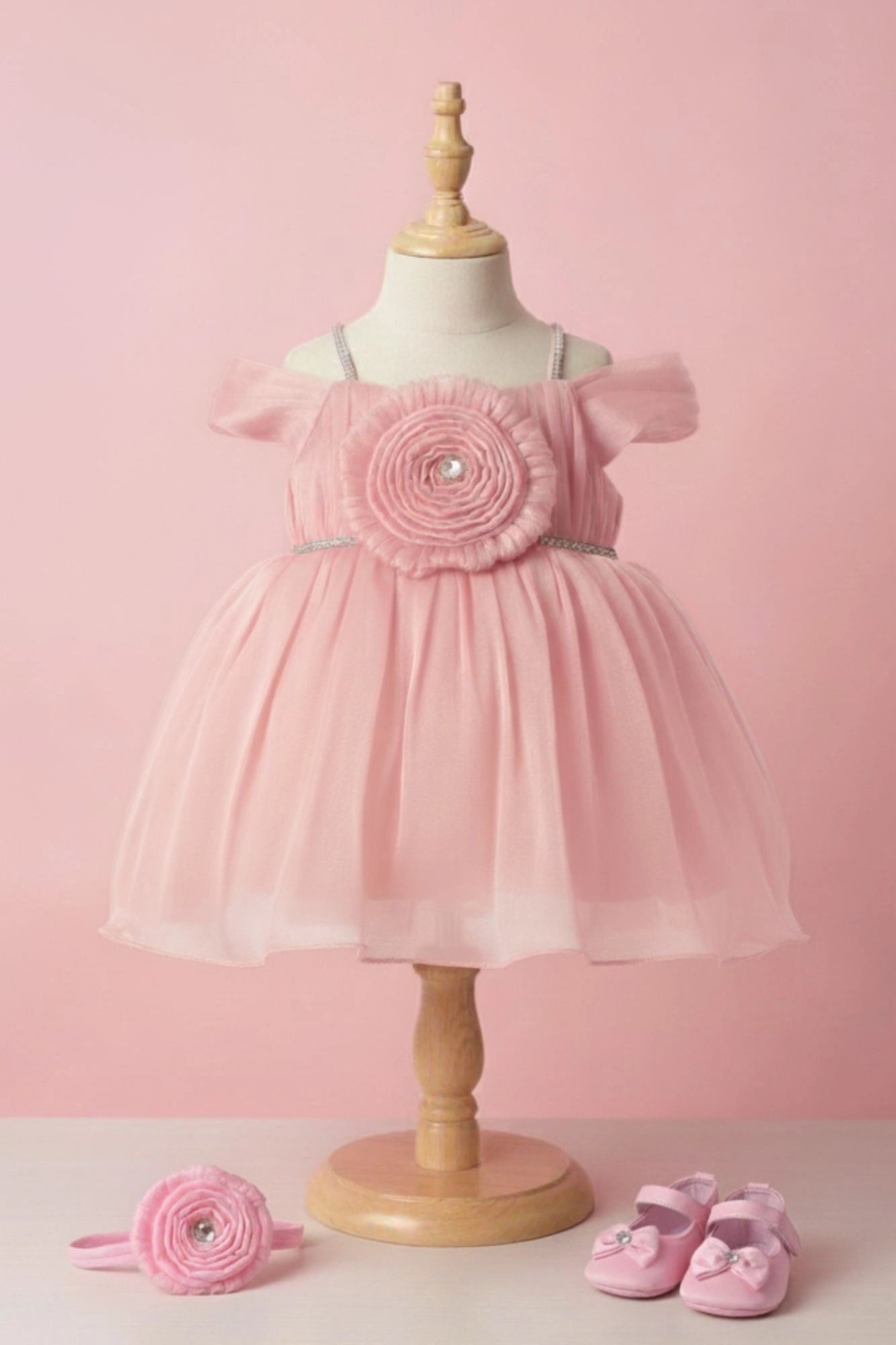 Peach Party Frock with Pleated Flower Appliqué and Shimmer Finish For Girls