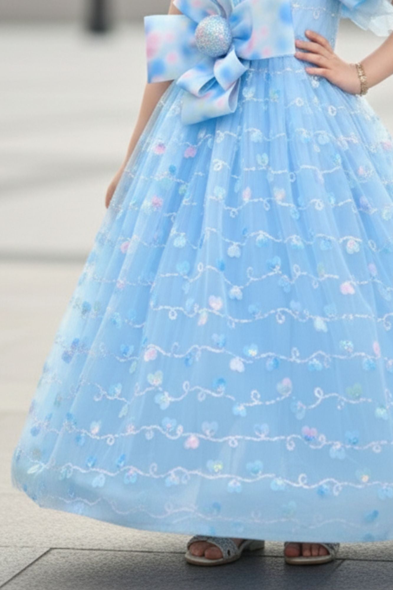 Sky Blue One-Shoulder Bow Party Gown for Girls
