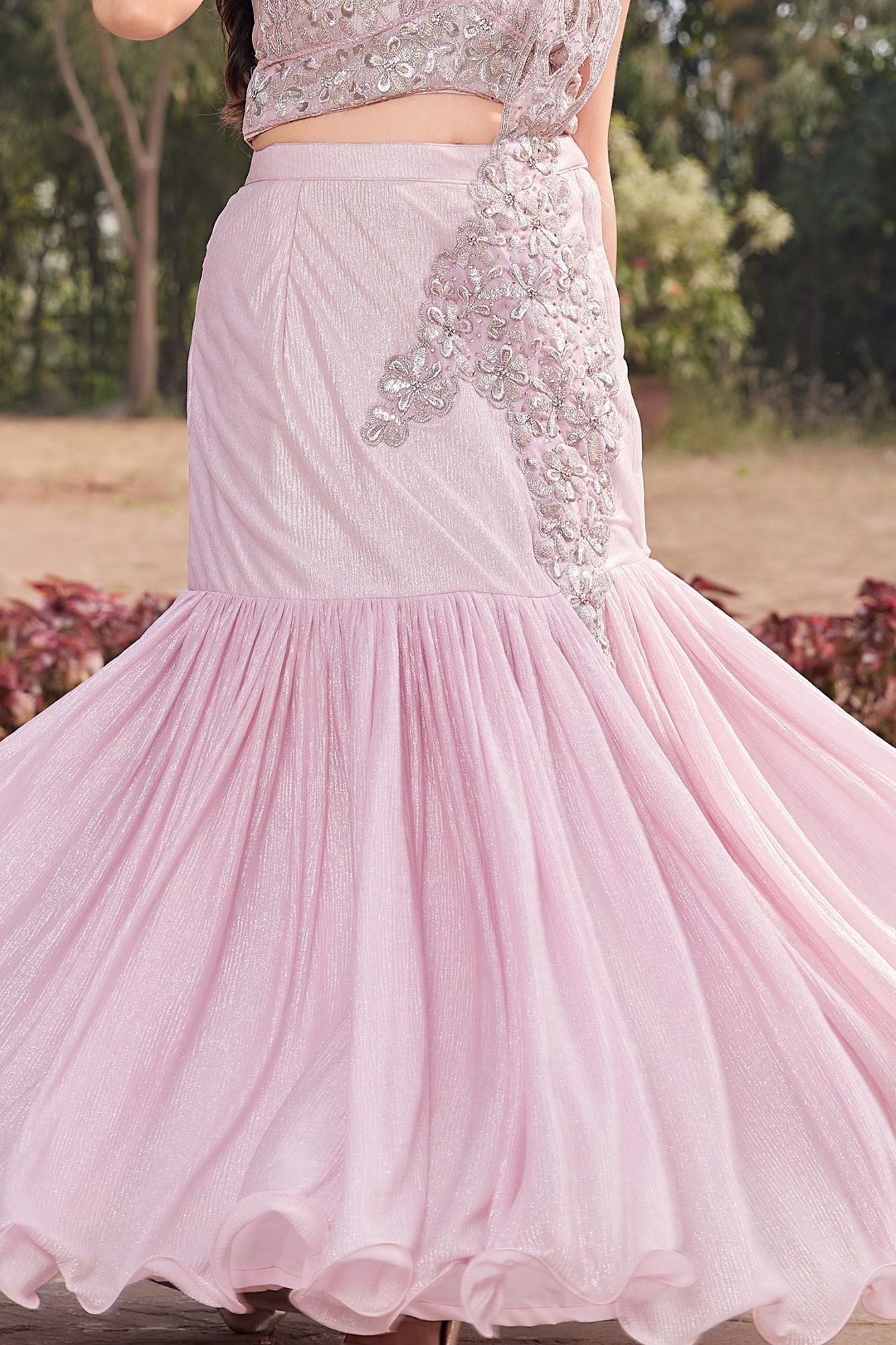 Onion Pink Lehenga Choli Set For Girls With Embroidered Crop Top