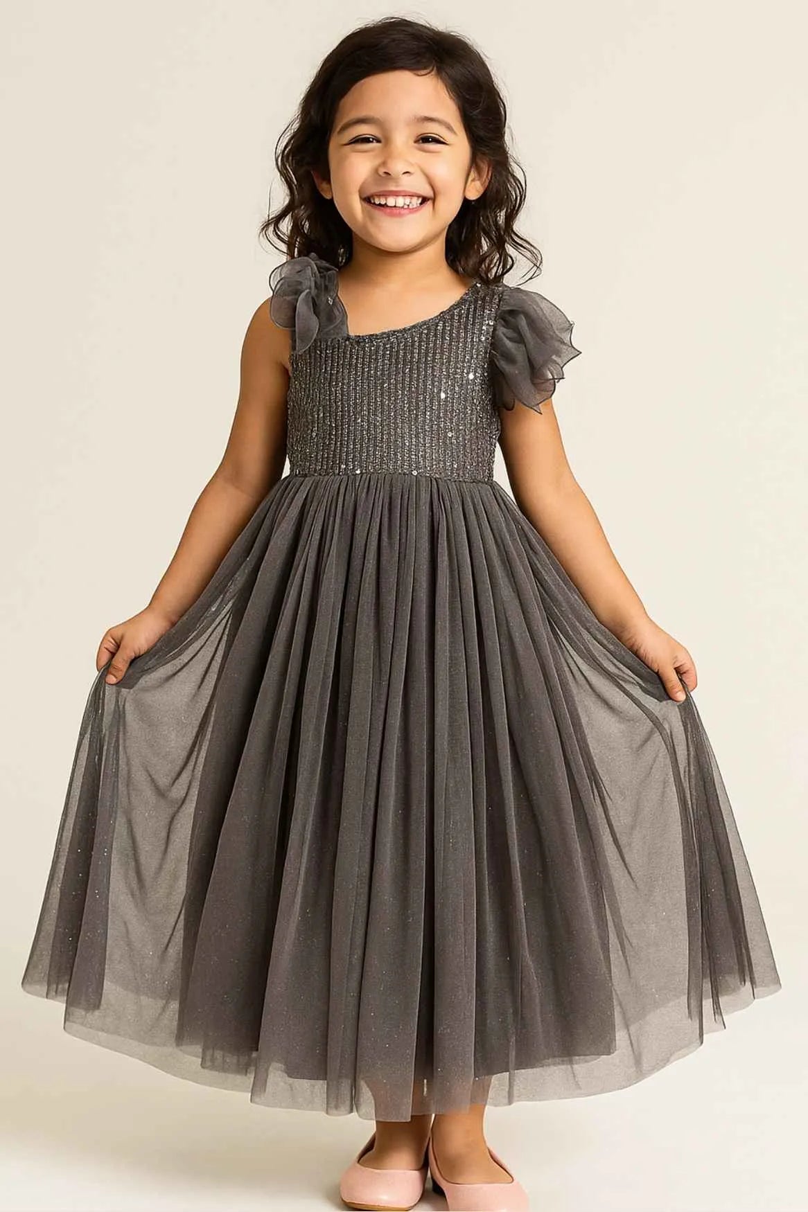 Grey Sequins Embellishment Party Wear Gown For Girls