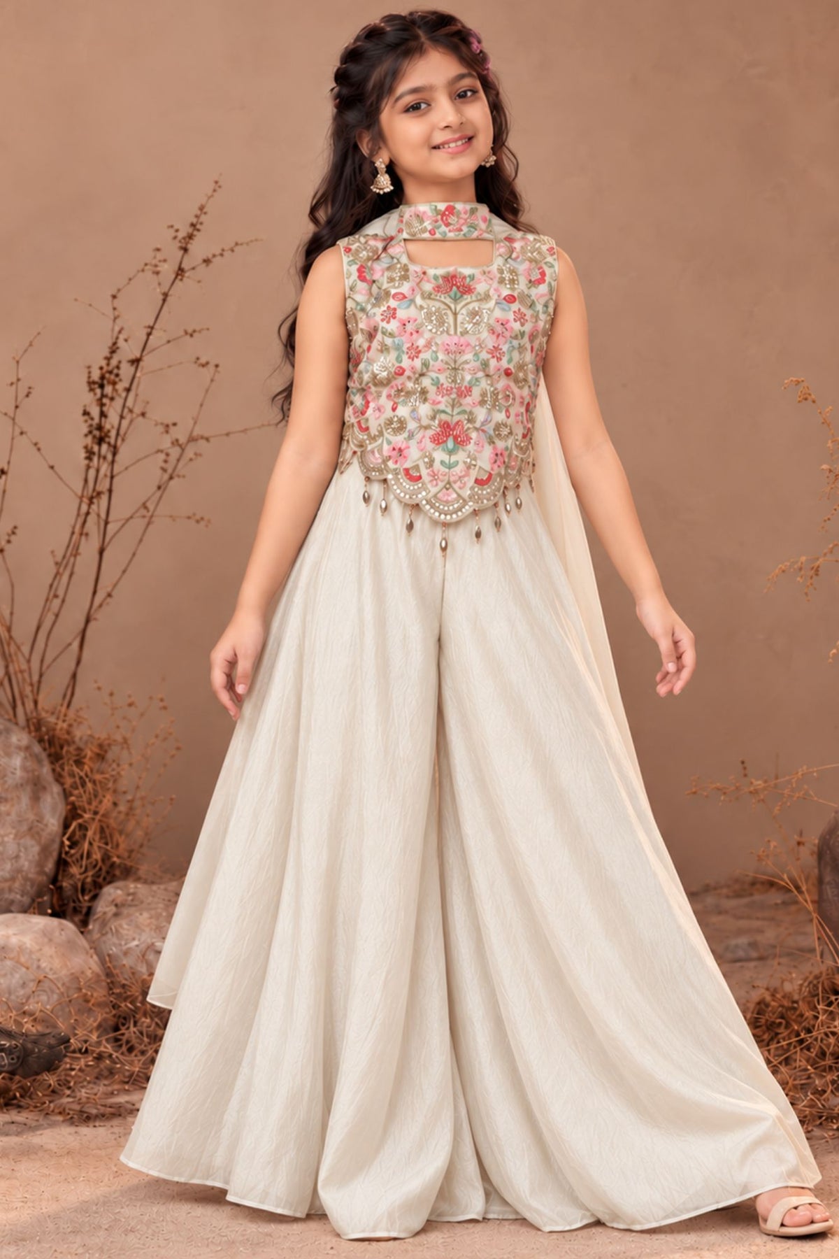 Girls Cream Embroidered Palazzo Set With Dupatta