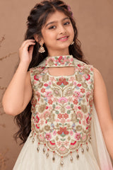 Girls Cream Embroidered Palazzo Set With Dupatta