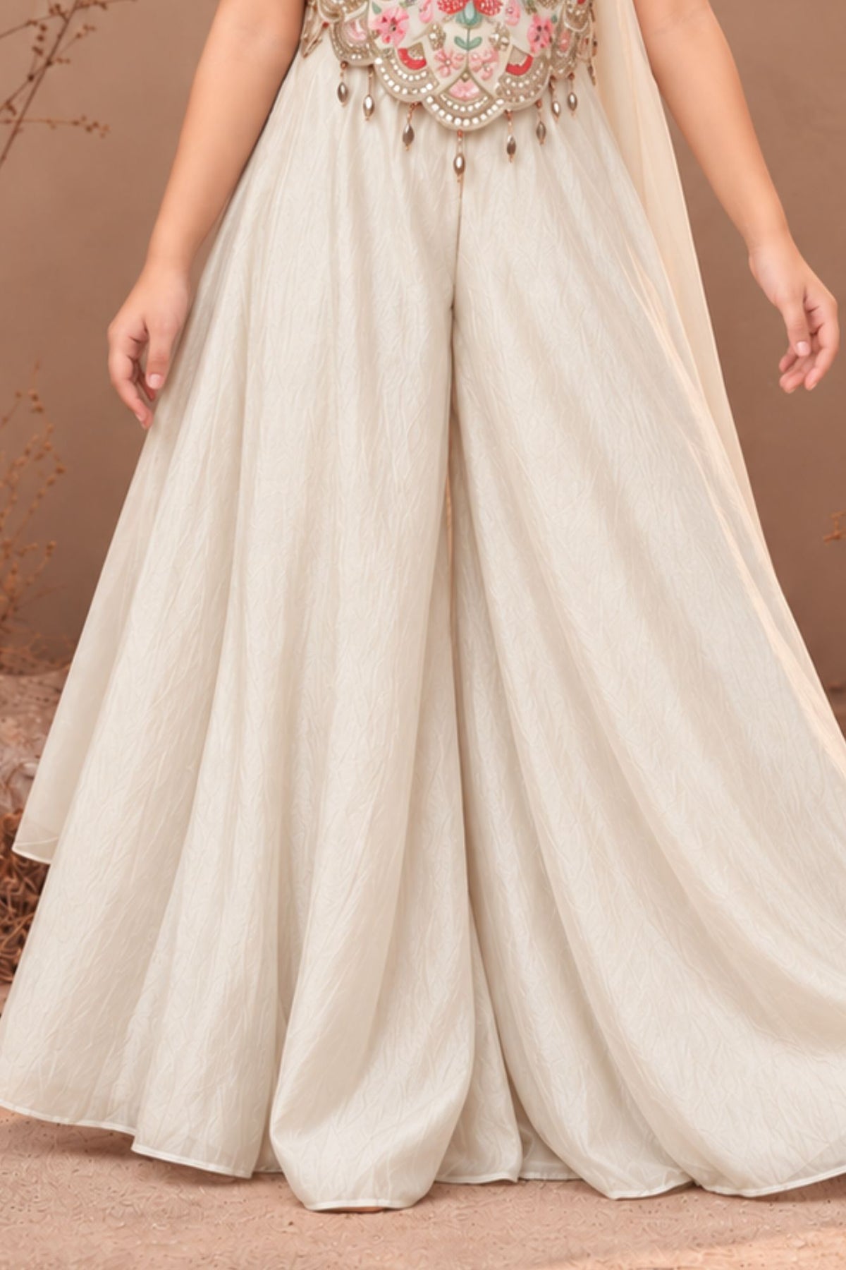 Girls Cream Embroidered Palazzo Set With Dupatta