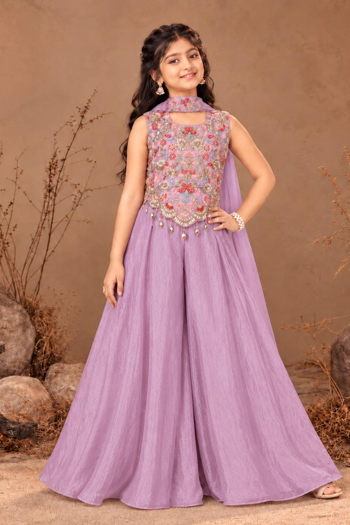 Girls Lavender Embroidered Palazzo Set With Dupatta