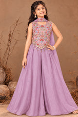 Girls Lavender Embroidered Palazzo Set With Dupatta