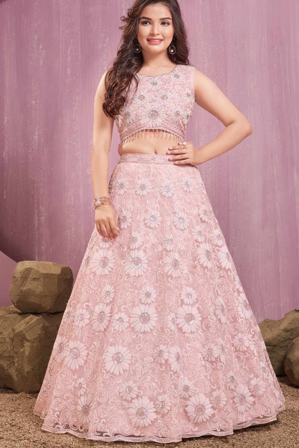Blush Pink Floral Embroidered Lehenga Choli Set For Girls