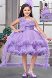 Lavender Layered Ruffle Party Frock With Tailbacl For Girls