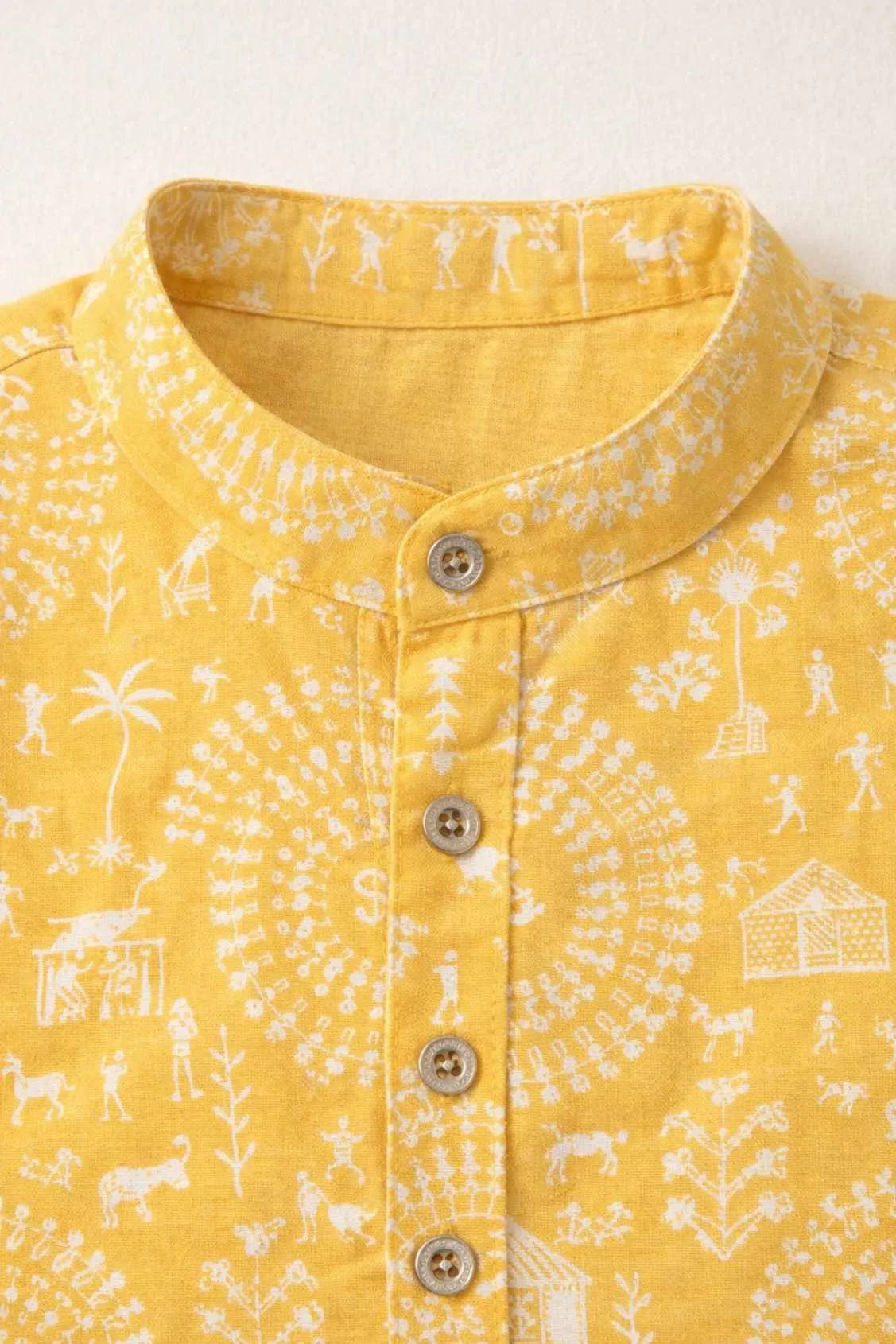 Yellow Warli Print Shirt with Mandarin Collar for Boys