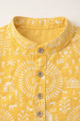 Yellow Warli Print Shirt with Mandarin Collar for Boys