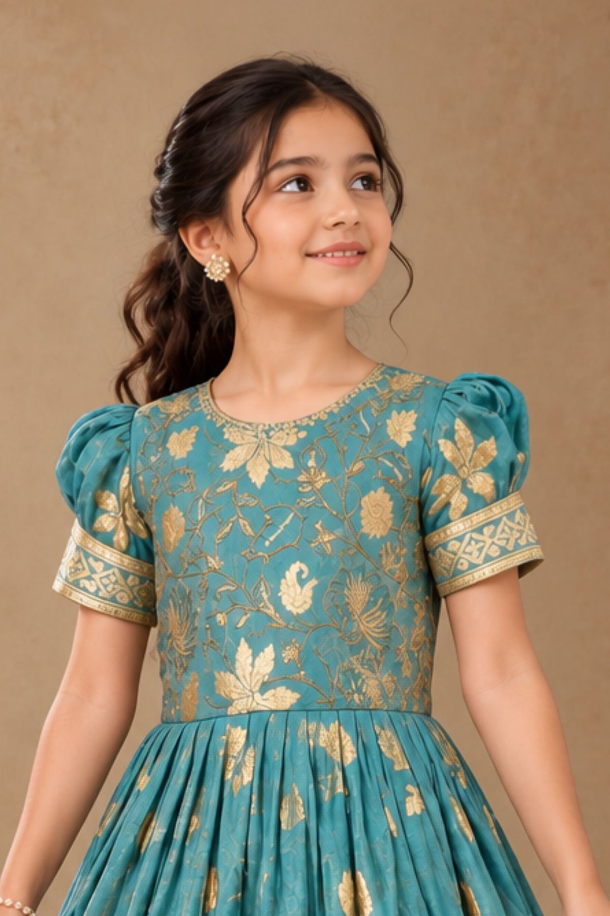 Blue Floral Brocade Ethnic Gown For Girls