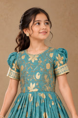 Blue Floral Brocade Ethnic Gown For Girls