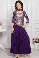 Purple Embroidered And Sequin Palazzo Set With Overcoat For Girls