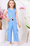 Trendy Sky Blue Sleeveless Jacket And Pant Co Ord Set For Girls