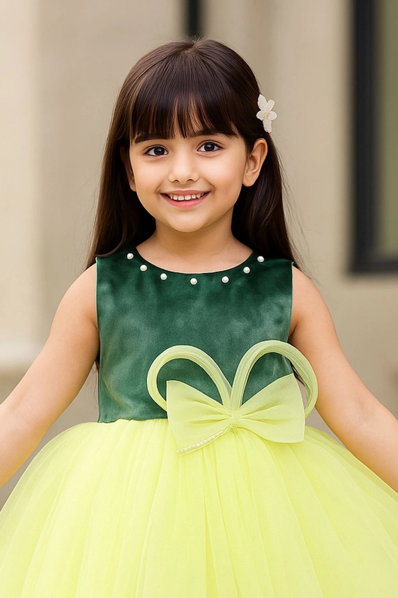 Green And Yellow Party Wear Frock with Layered High-Low Skirt For Girls