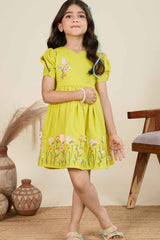Mustard Cotton Frock With Elegant Floral Embroidery For Girls
