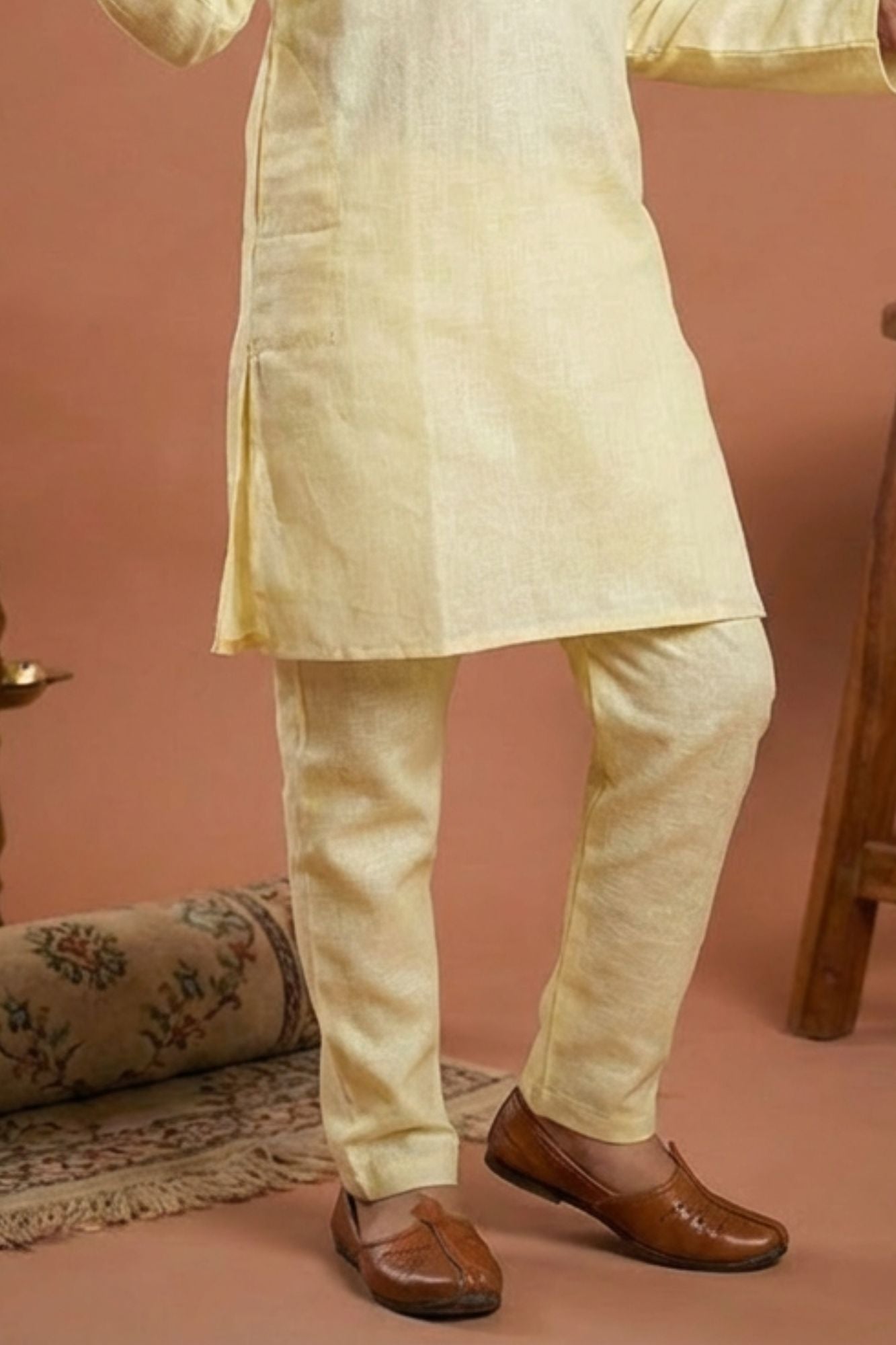 Yellow Embroidered Linen Kurta Set For Boys