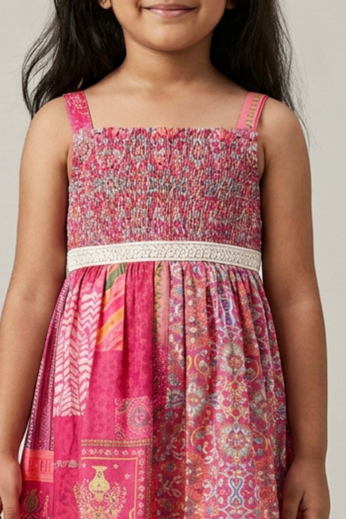 Girls Pink Patchwork Print Frock with Smocked Bodice