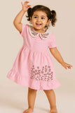 Pink Embroidered Frock With Peter Pan Collar & Ruffled Hem For Girls