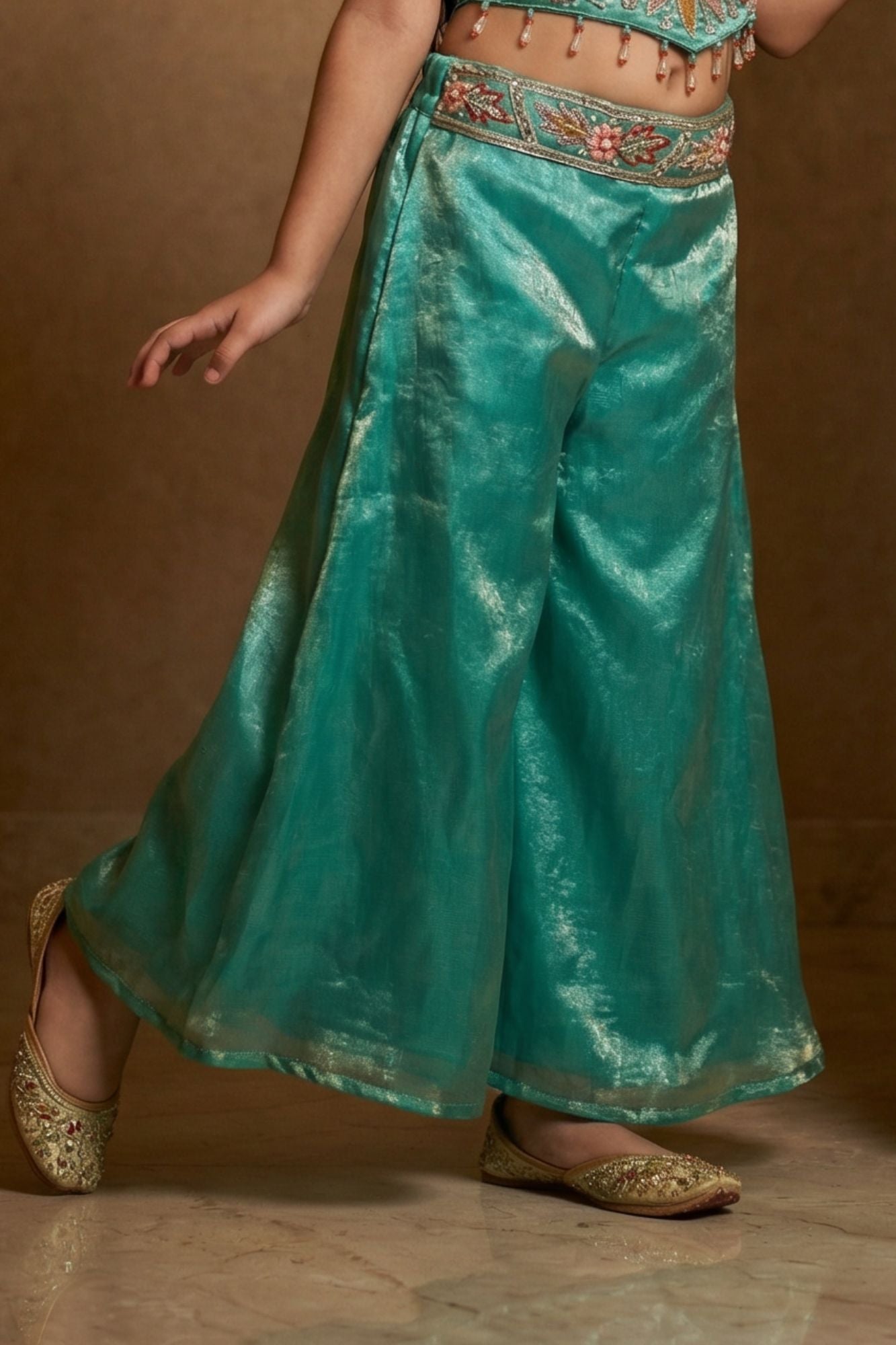 Sea Green Sequins Work With Thread Embroidery For Palazzo Set For Girls