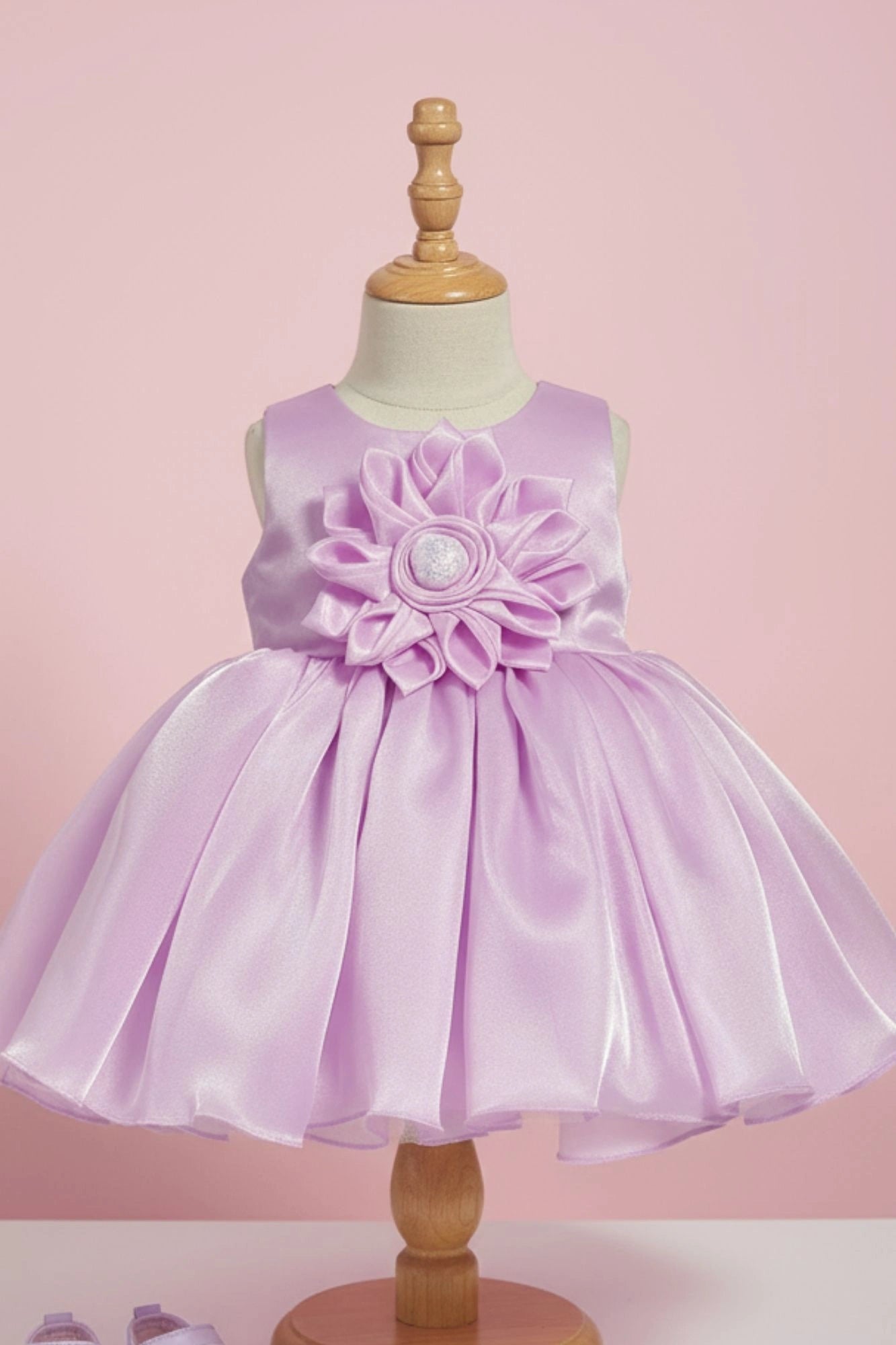 Lavender Organza Party Wear Dress with 3D Flower Appliqué For Girls