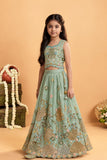 Mint Green Embroidered Lehenga Choli Set with Latkan Tie-Up For Girls